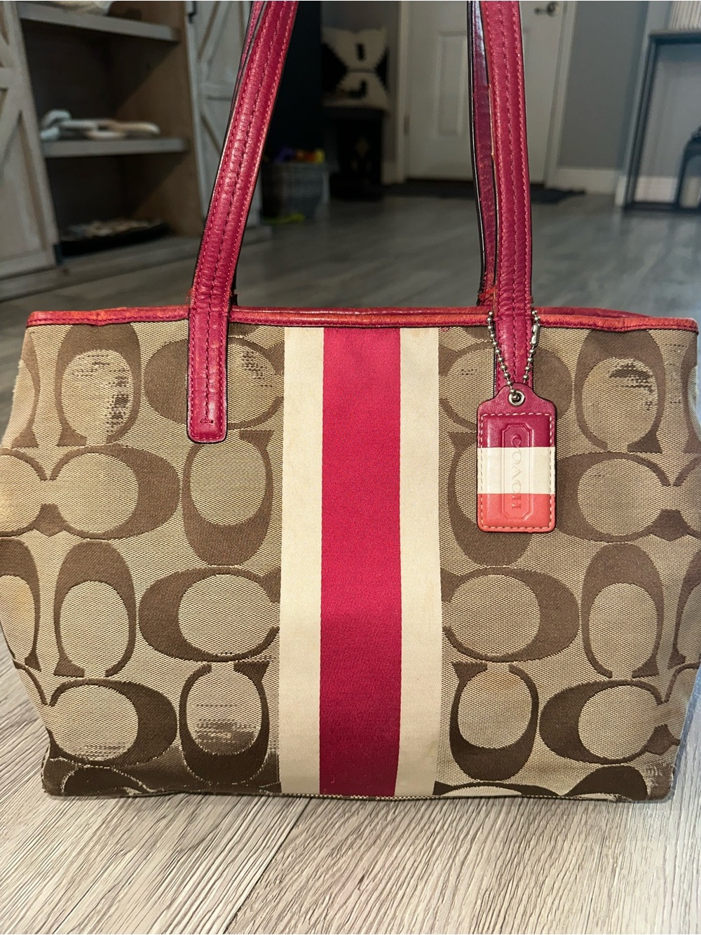 Coach Hamptons Khaki Signature Stripe Shoulder Tote Bag Purse